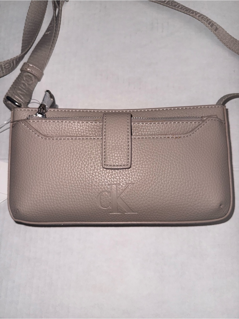 Calvin Klein Pebbled Taupe Adjustable Crossbody Two Piece Wallet Purse